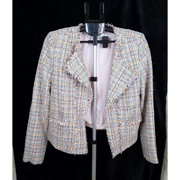 LOFT Bouclé Tweed Jacket | Size 12 | Cream Pink Blue Metallic | Fully Lined - Picture 2 of 14